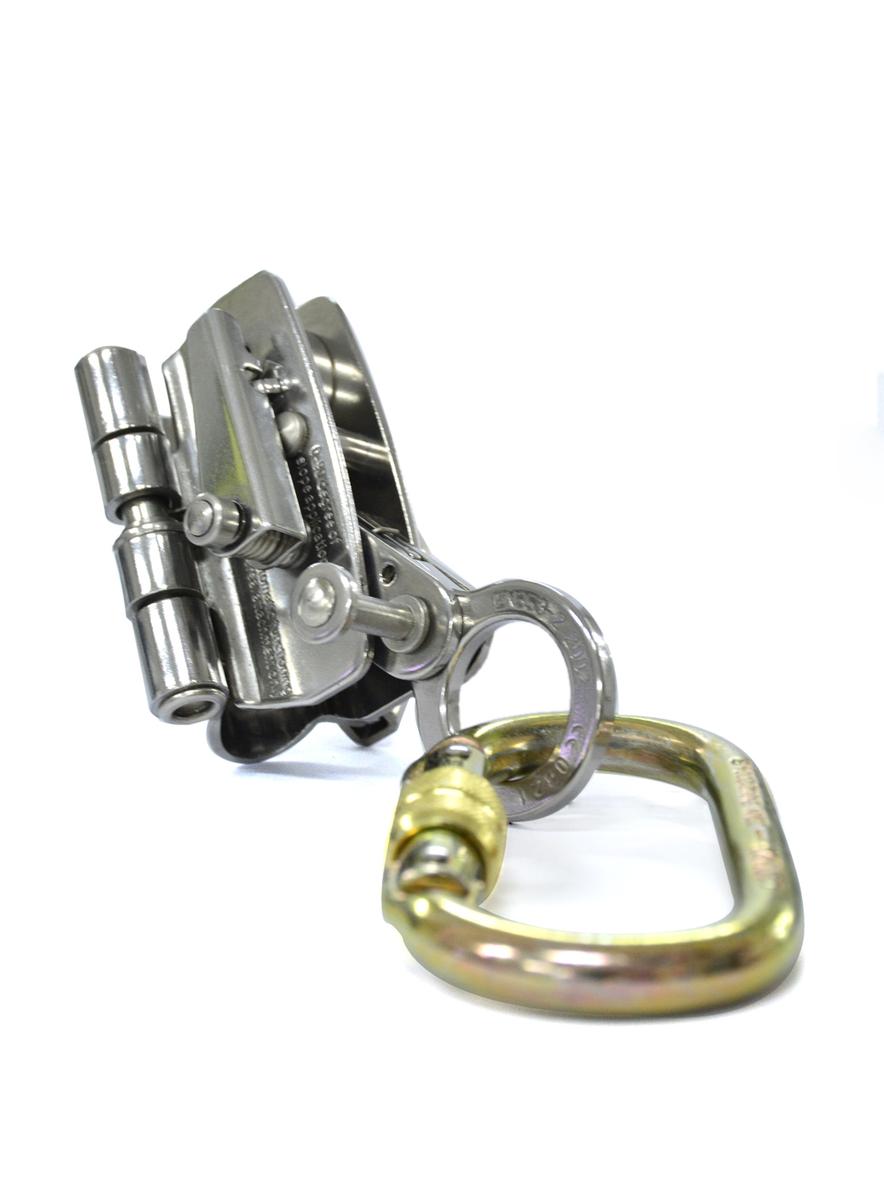 Salvacaída Deslizante Acero Inoxidable para Soga de 12 a 14mm con traba y mosquetón eslabón con traba a rosca